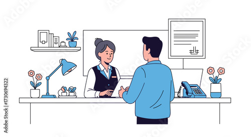 Customer service representative assisting a client at a reception desk in an office.