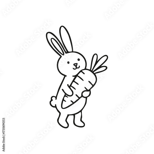Cheerful Bunny Hugging a Carrot. This delightful lagomorph gently holds its healthy root. The minimalist illustration embodies pure joy and childlike innocence.