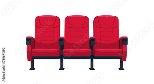 Three empty red theater seats in a row facing forward.