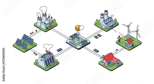 Visualizing a smart energy grid connecting various power sources and consumers for efficient distribution and management.