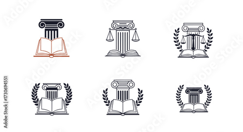 Illustrations of justice scales and books next to columns adorned with laurel wreaths symbolizing legal and judicial concepts.