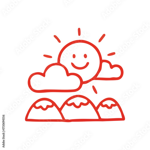 Smiling Sun Clouds and Peaks Outline. Delightful weather illustration featuring a jovial luminary, fluffy vapor, and rolling terrains. Symbolizes joy, clear horizons, and outdoor bliss.