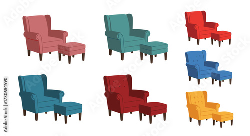 Various upholstered wingback armchairs with matching ottomans in a spectrum of vibrant colors showcasing modern home decor options.