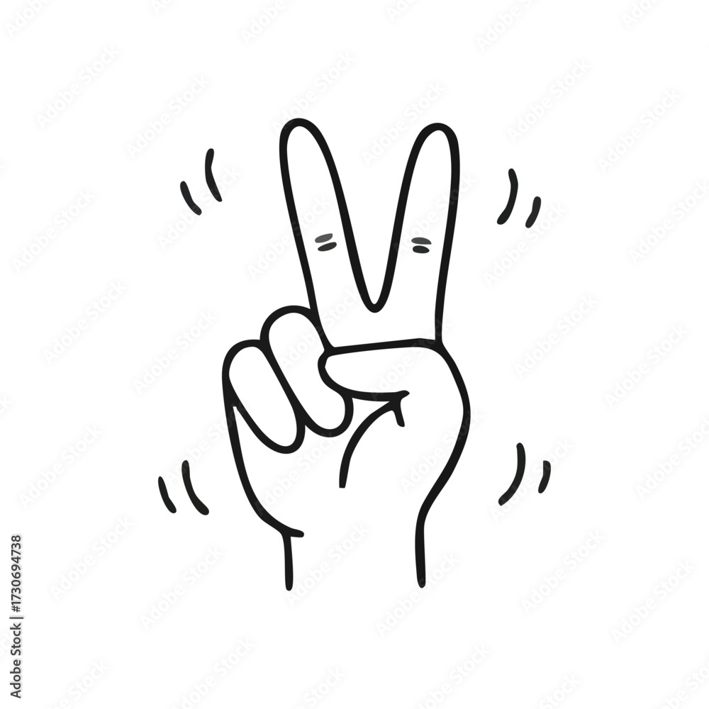 Obraz premium Peace Sign Hand Gesture Art. Cartoon illustration displaying two raised fingers, conveying harmony, triumph, and good feelings. This simple black and white line drawing symbolizes agreement.