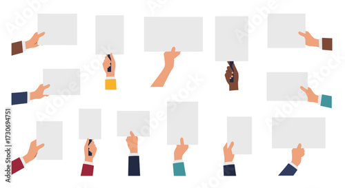 Diverse hands hold blank sheets of paper for messages and announcements.