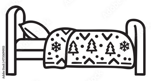 Cozy winter blanket on bed with snowflakes and trees design - stock vector