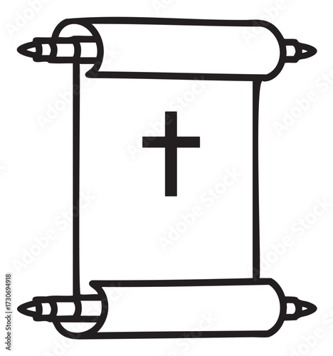 Christian scroll with cross icon on blank parchment outline illustration - stock vector