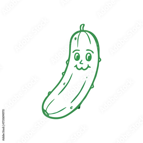 Happy Green Cucumber Cartoon. Cheerful veggie doodle brings a joyous touch. This whimsical character symbolizes healthy eating and fun, perfect for kids or food themes.