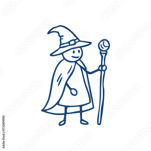 Whimsical Wizard Stick Figure Character. This playful sorcerer doodle, adorned with a cap and holding a mystic staff, evokes enchanting tales and childhood imagination.