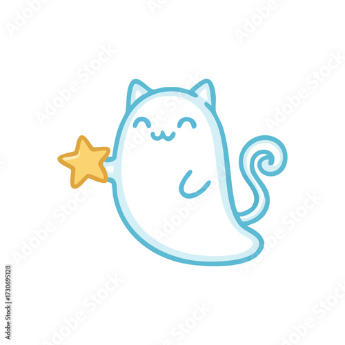 Friendly Phantom Cat Holding Star. Charming ghost feline character with a pleased expression grasps a golden celestial body. Represents delight, magic, and dreams.