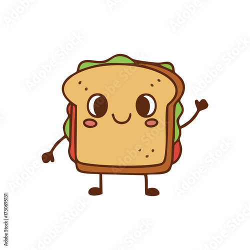Cute Cartoon Sandwich Waving. An adorable smiling food item animatedly waves, embodying warmth and joy. This cheerful bread character brings a playful and friendly vibe.