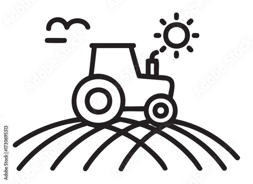Tractor in field outline with sun and bird icon illustrating agriculture scene - stock vector