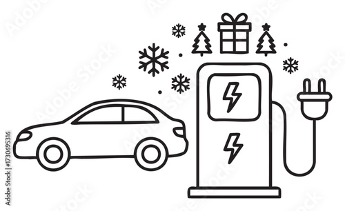 Electric car charging station with holiday decorations: snowflakes, trees, gift icon - stock vector