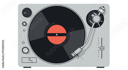 A vintage record player spins a black vinyl disc with a red center label playing music through its stylus.