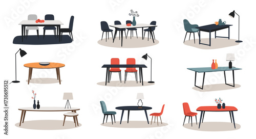 Collection of modern dining tables with chairs and decorative elements.