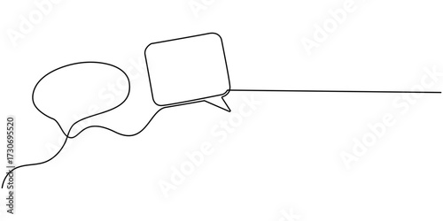 Continuous one line drawing of two speech bubbles with modern minimalist style on white background in black ink, Black speech bubble with three dots in one line art style, Speech bubble drawing.