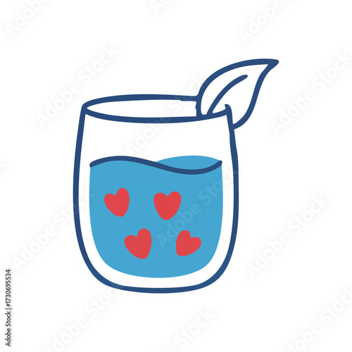 Refreshing Love Drink Art. An enchanting visual of a glass containing blue liquid, red hearts, and a verdant leaf. Conveys feelings of care, purity, and vitality.