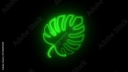 Neon monstera leaf. Monstera palm. Glowing green outline. Self drawing animation. Line art. Isolated on Black background. Tropical green leaf. Continuous simple line. Abstract minimalist one line.