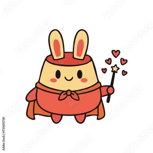 Cute Rabbit Magician with Magic Wand. This sweet hare, dressed in a festive cowl, performs enchantments of love with a sparkling staff, symbolizing happiness and wonder.