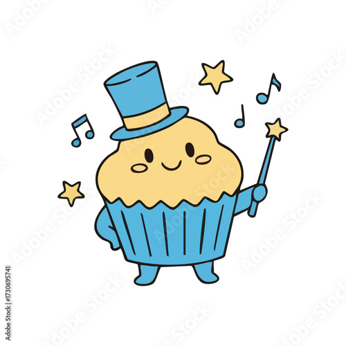 Magical Cupcake Character. A charming muffin figure adorned with a top hat and holding a star wand, emanating joy and wonder. This delightful illustration evokes childhood dreams and sweet.