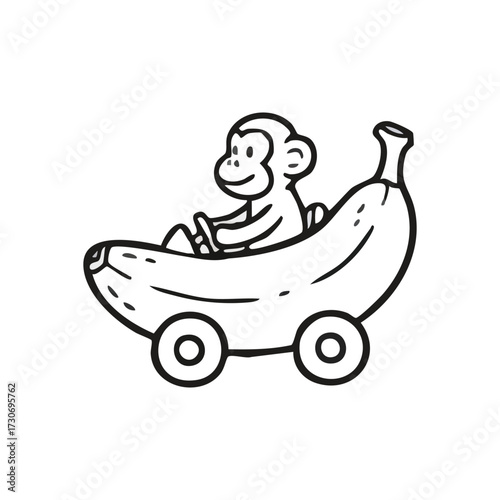 Happy Monkey Driving Banana Vehicle. This playful primate enjoys its fruity automobile. A fun, whimsical illustration perfect for children's projects, symbolizing joy and imagination.