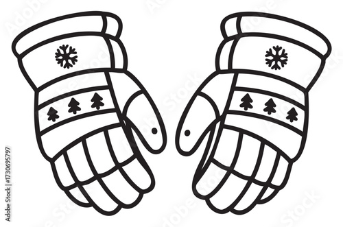 Winter mittens with snowflake and pine tree patterns - stock vector