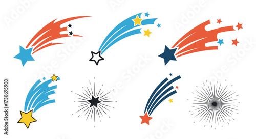 Colorful shooting stars and starbursts in a retro style for design and decoration.