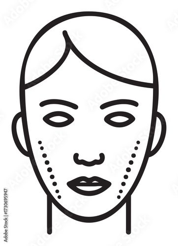 Line drawing of human face with dotted facial lines indicating facial features - stock vector