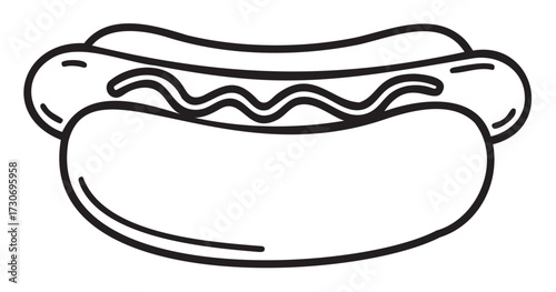Simple black and white line drawing of a hot dog with bun and wavy topping - stock vector