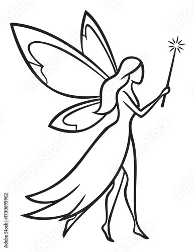Fairy silhouette with wand and wings in profile - stock vector