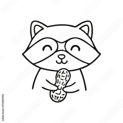 Cute Raccoon Holds Peanut Doodle Art. This charming animal illustration portrays a gleeful mammal clutching a nut. Its simple lines convey delightful happiness and childlike wonder, perfect for.