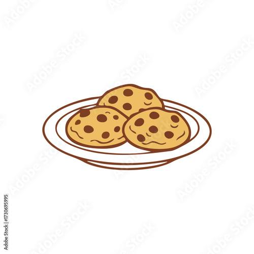 Baked Chocolate Chip Cookies Plate. This charming illustration features three delightful biscuits arranged on a platter. It evokes warmth, a pleasant snack, and sugary happiness.