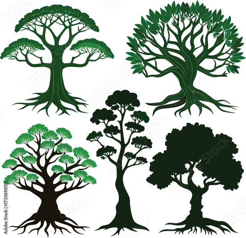 Diverse Tree Silhouettes A Collection of Stylized Arboreal Illustrations