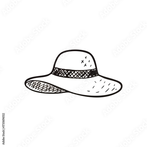 Hand Drawn Summer Hat Outline. A charming monochrome artistic rendering of a stylish wide-brimmed sunbonnet, representing leisure, travel, and warm weather adventures.