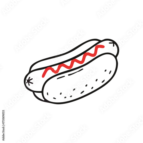 Hot Dog with Red Ketchup Doodle. This whimsical sketch portrays a popular street food, a frankfurter nestled in a bun, adorned with bright scarlet condiment. It evokes simple pleasure and casual.