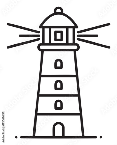 Black and white minimalist lighthouse drawing with light beams - stock vector