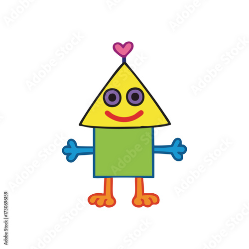 Happy Colorful Geometric Character. A cheerful creature crafted from primary shapes, featuring a yellow triangle, green square, and vibrant limbs. Ideal for children's learning or playful graphic.