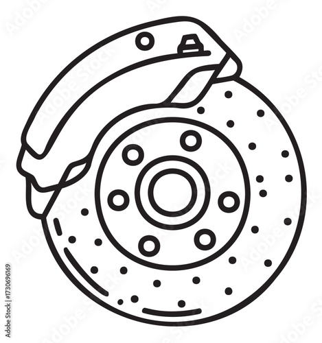 Black and white line art of car brake disc and caliper - stock vector