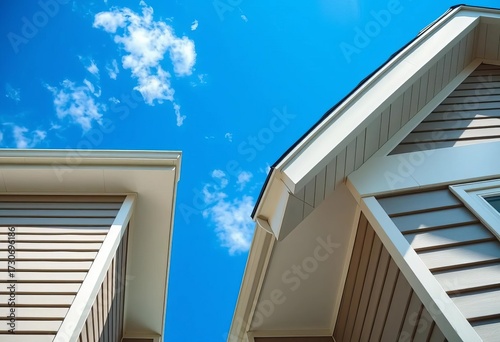 Upward view of house eaves and soffit against vibrant blue sky, view, low angle