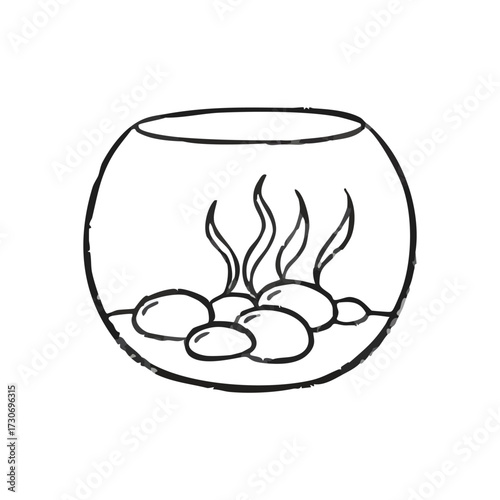 Simple Aquatic Bowl Drawing. A charming hand-drawn depiction of a clear vessel with river stones and seaweed plants. It evokes peaceful nature and contained ecosystems.