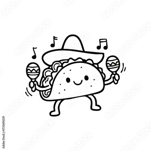 Festive Mexican Taco Character. An adorable anthropomorphic dish wearing a wide hat, enthusiastically plays rattles. This artwork signifies happiness, yummy cuisine, and vibrant heritage.