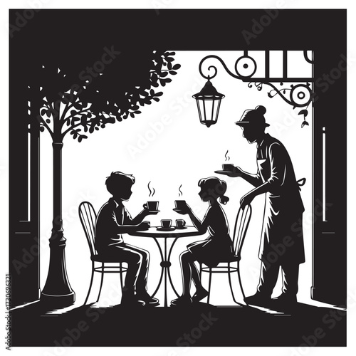 Silhouette of a waiter serving drinks to a couple seated at a table outside a charming european cafe on a sunny day