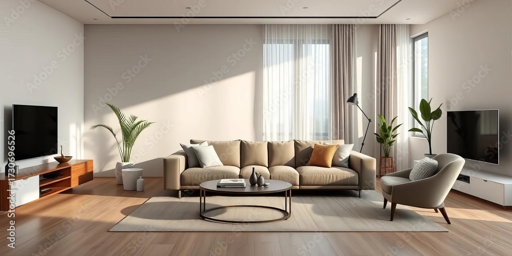 Fototapeta premium Sleek modern apartment living room with comfortable sofa, minimalist decor, natural light, functional, background