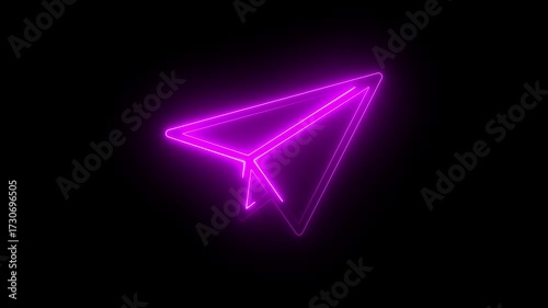 High impact purple neon paper rocket icon with dark background. Stunning glowing neon paper plane icon Neon line glowing neon simple rocket icon animation 4k video on black background.