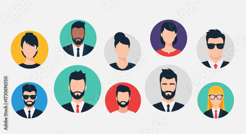 A diverse group of people depicted as circular avatars in a professional setting.
