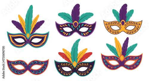 A collection of vibrant and colorful masquerade masks adorned with feathers for festive celebrations and masquerade balls.