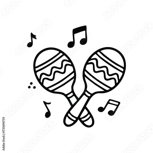 Maracas Musical Instruments Illustration. Lively artwork featuring traditional Latin percussion shakers surrounded by cheerful melody symbols. Conveys joyous celebration and vibrant rhythmic.
