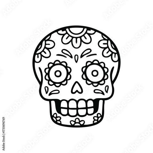 Dia de los Muertos Sugar Skull Art. This ornate calavera artwork celebrates remembrance and life. Ideal for themes of Mexican culture, festivities, and tradition.