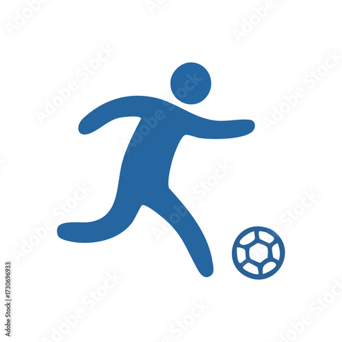 Soccer Player Icon with Ball. Dynamic blue graphic illustrating an athlete in motion, propelling a football. This minimalist emblem symbolizes sports, activity, and healthy lifestyle.