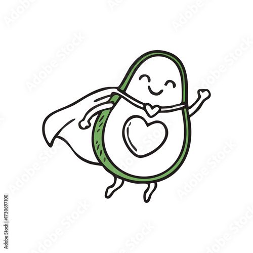 Happy Avocado Superfood Hero. A cheerful green fruit cartoon soaring with a cape and heart emblem, representing vitality and wellness. Promotes wholesome nutrition and robust living.
